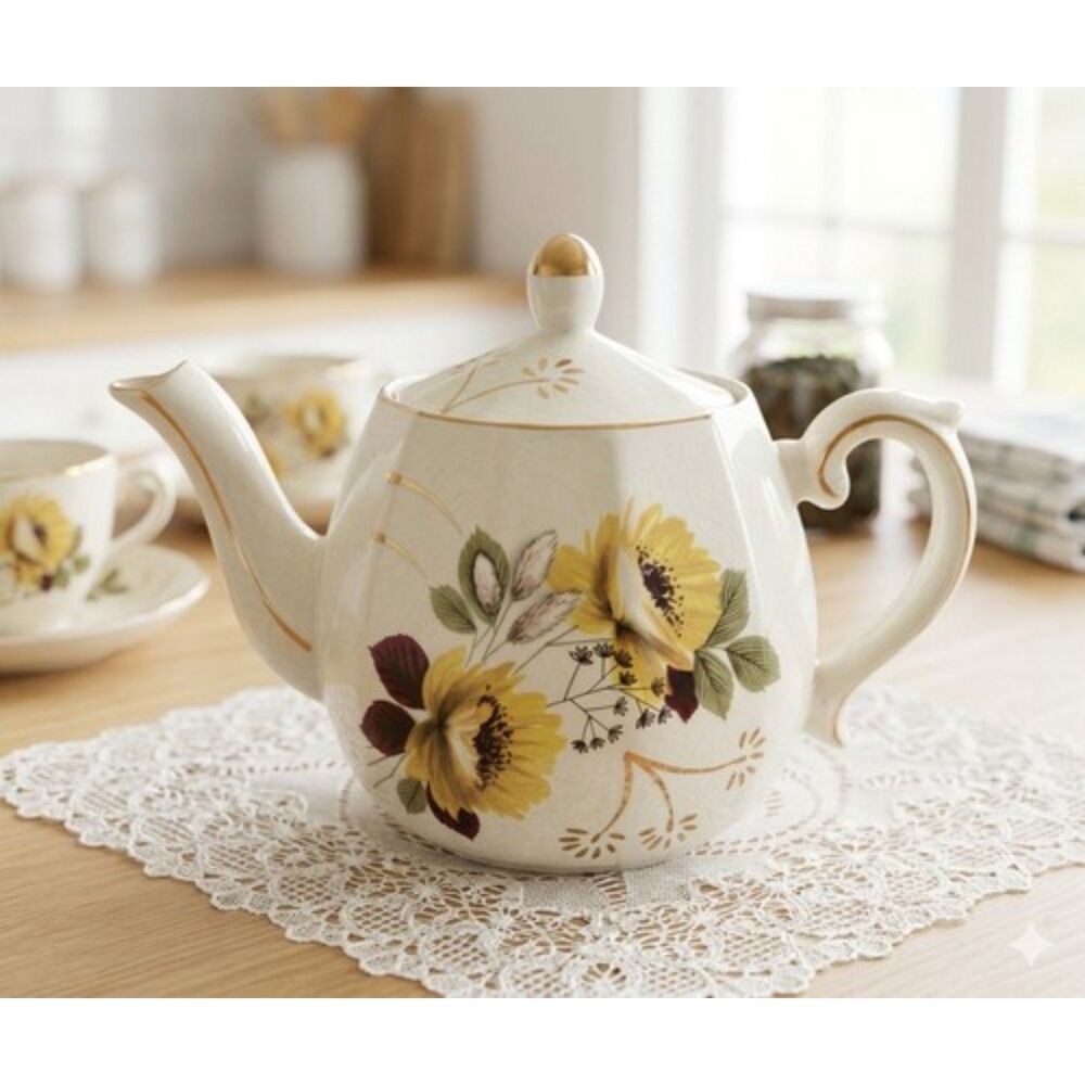 Ellgreave Wood & Sons Ironstone Teapot England Yellow Flowers Gold Trim Vintage